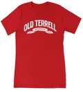 Red t-shirt with 'Old Terrell Bourbon' logo on a white background