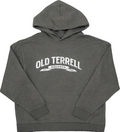 Gray hoodie with 'Old Terrell Bourbon' text on a white background