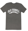 Gray t-shirt with 'Old Terrell Bourbon' text on a white background