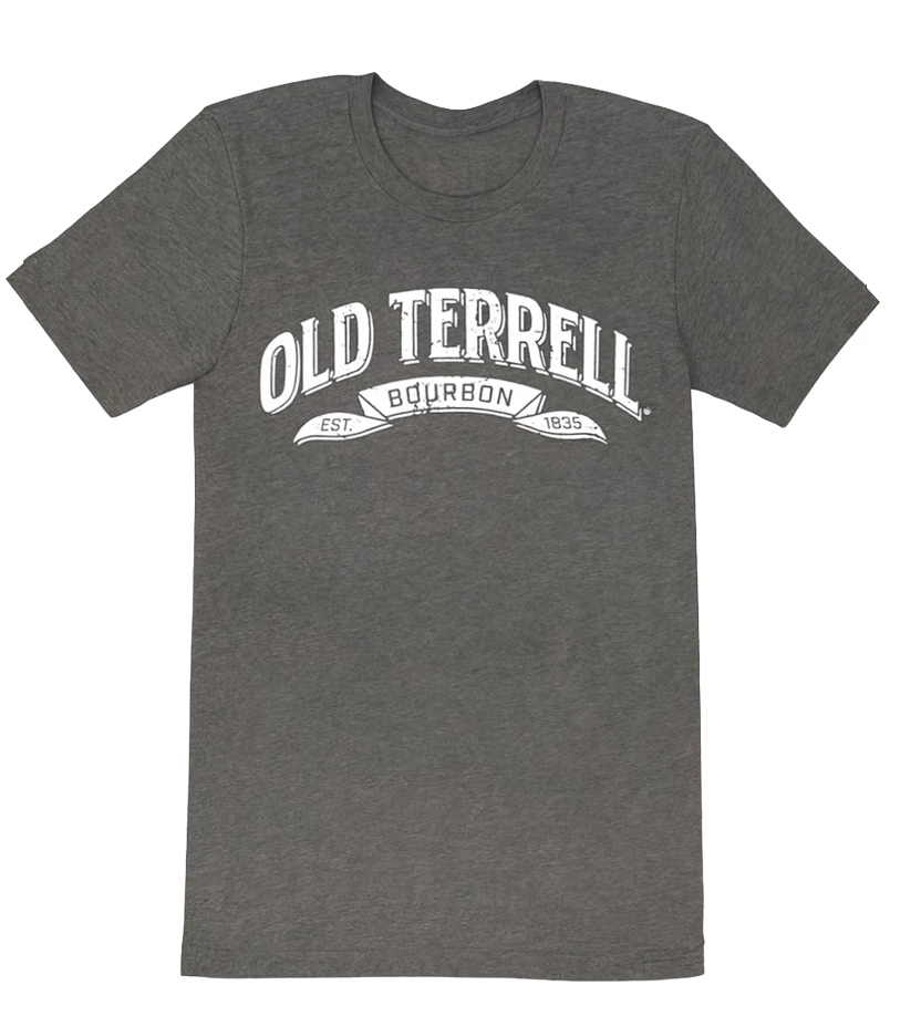 Gray t-shirt with 'Old Terrell Bourbon' text on a white background