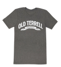 Gray t-shirt with 'Old Terrell Bourbon' text on a white background
