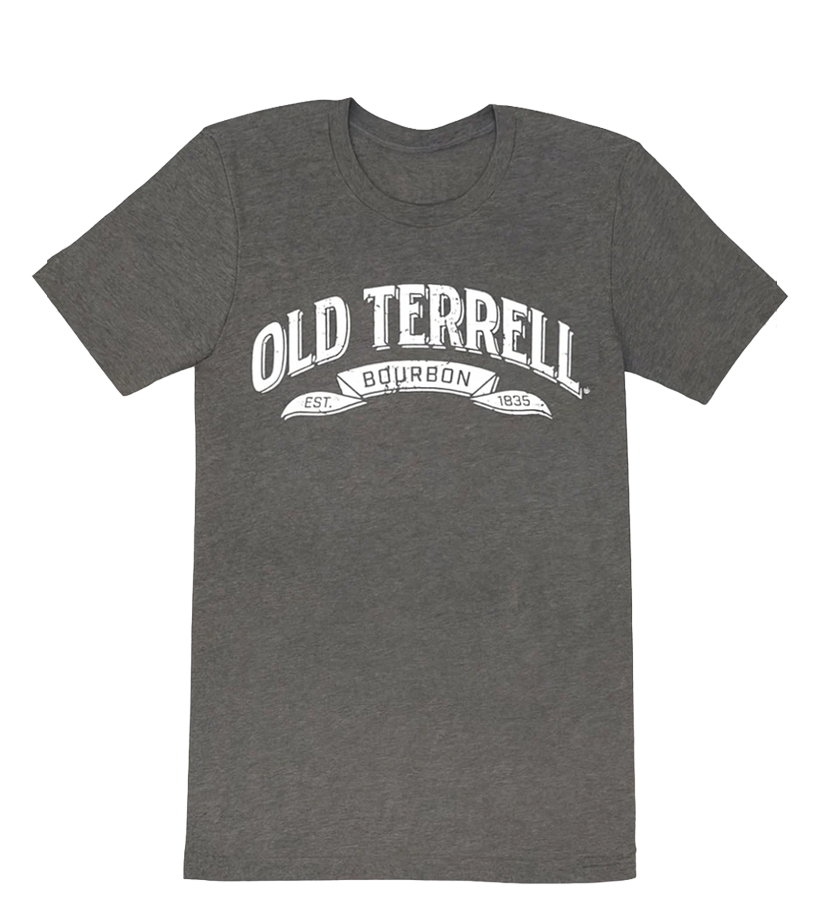 Gray t-shirt with 'Old Terrell Bourbon' text on a white background