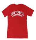 Red t-shirt with 'Old Terrell Bourbon' text on a white background