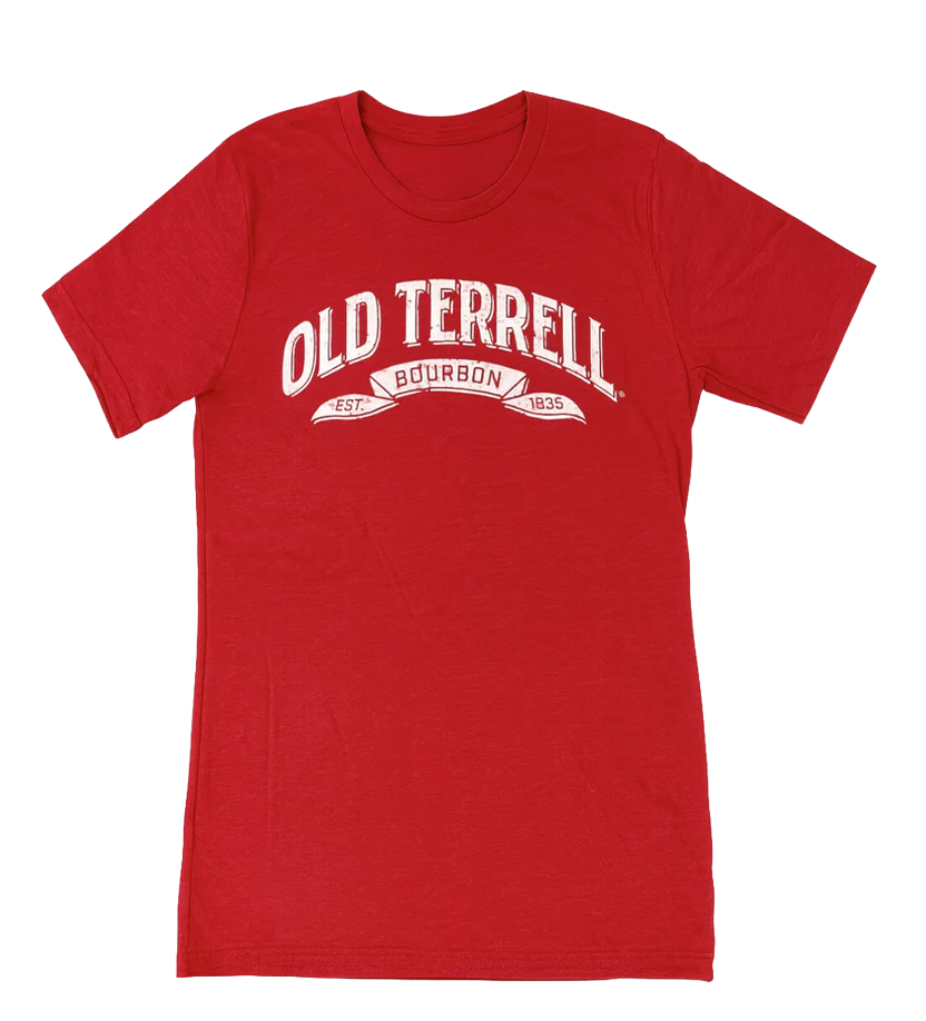 Red t-shirt with 'Old Terrell Bourbon' text on a white background