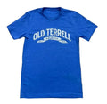 Blue t-shirt with 'Old Terrell Bourbon' text on a white background