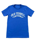 Blue t-shirt with 'Old Terrell Bourbon' text on a white background