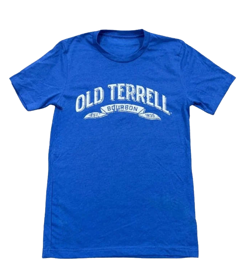 Blue t-shirt with 'Old Terrell Bourbon' text on a white background