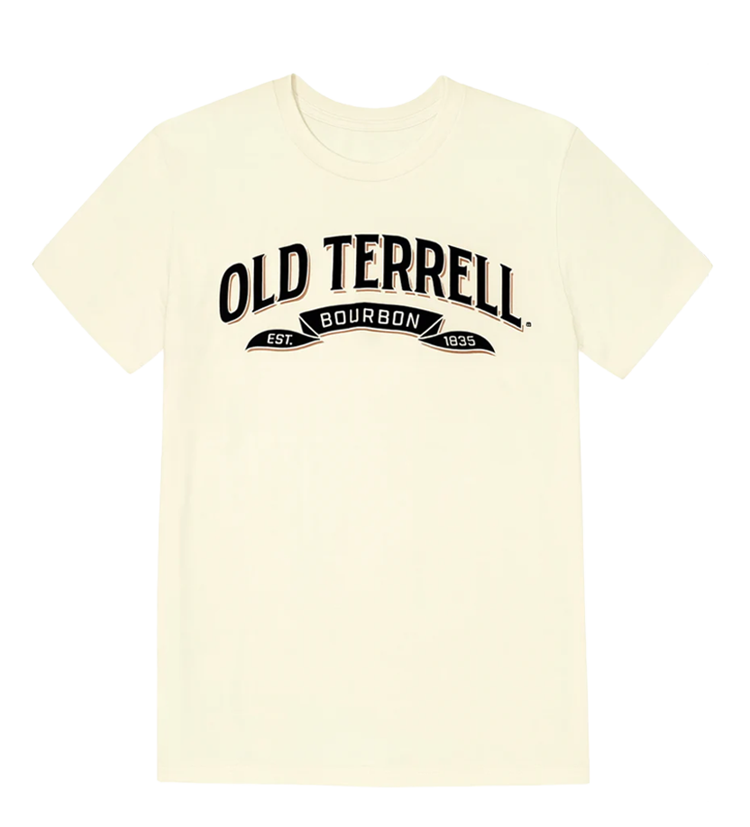 Beige t-shirt with 'Old Terrell Bourbon' text on a white background