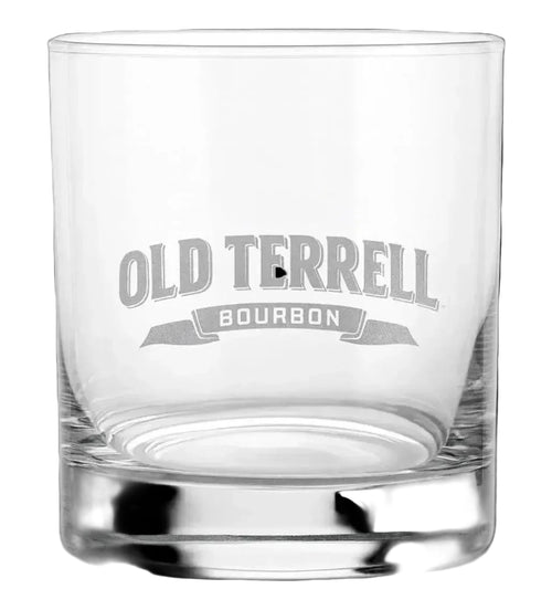Clear glass whiskey glass with 'Old Terrell Bourbon' engraving on a white background