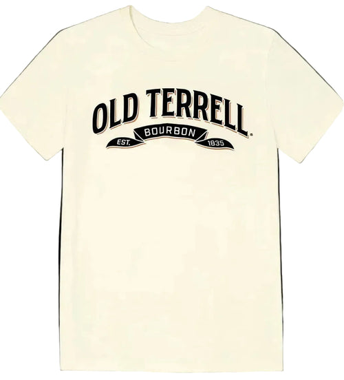 Beige t-shirt with 'Old Terrell Bourbon' text on a white background